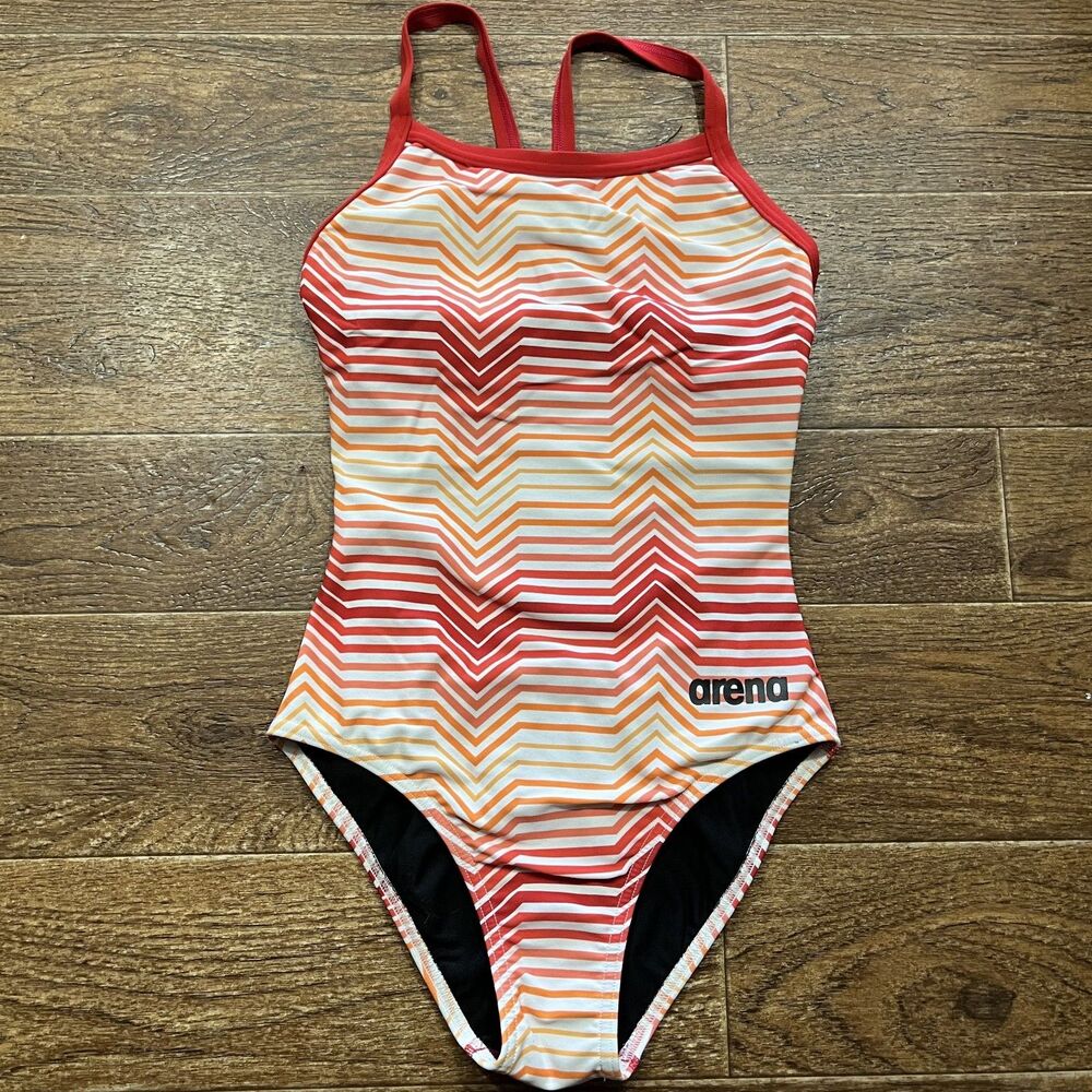 Arena One Piece Swimsuit Red Orange Size 28 Racing Training High Cut Racer Back
